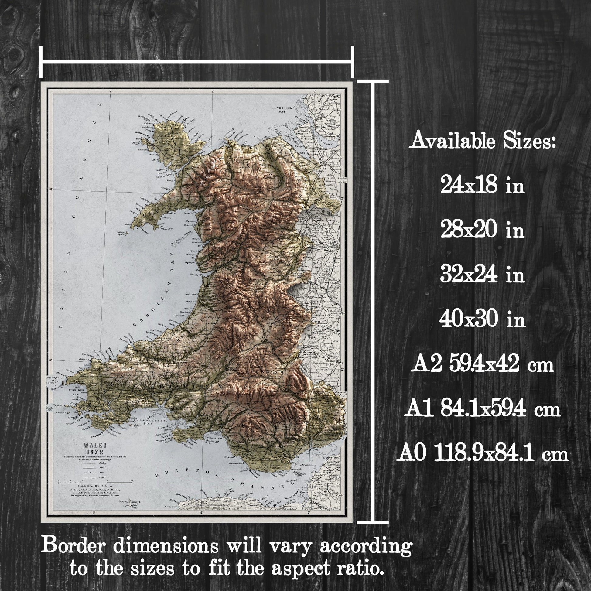 Wales Map - Vintage Cymru Elevation Map - 1872 - 2D Welsh Poster - 3D effect shaded relief Print