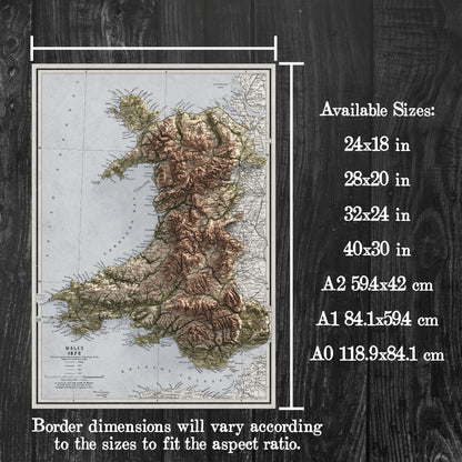 Wales Map - Vintage Cymru Elevation Map - 1872 - 2D Welsh Poster - 3D effect shaded relief Print