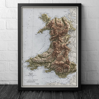Wales Map - Vintage Cymru Elevation Map - 1872 - 2D Welsh Poster - 3D effect shaded relief Print