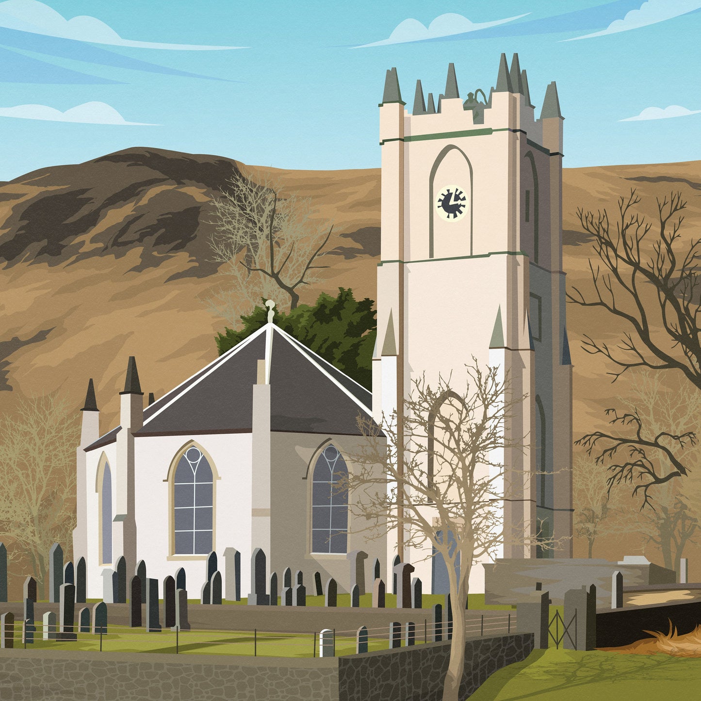 Dalmally Print - Travel Poster - Argyll and Bute - Glenorchy Parish Church - Scotland
