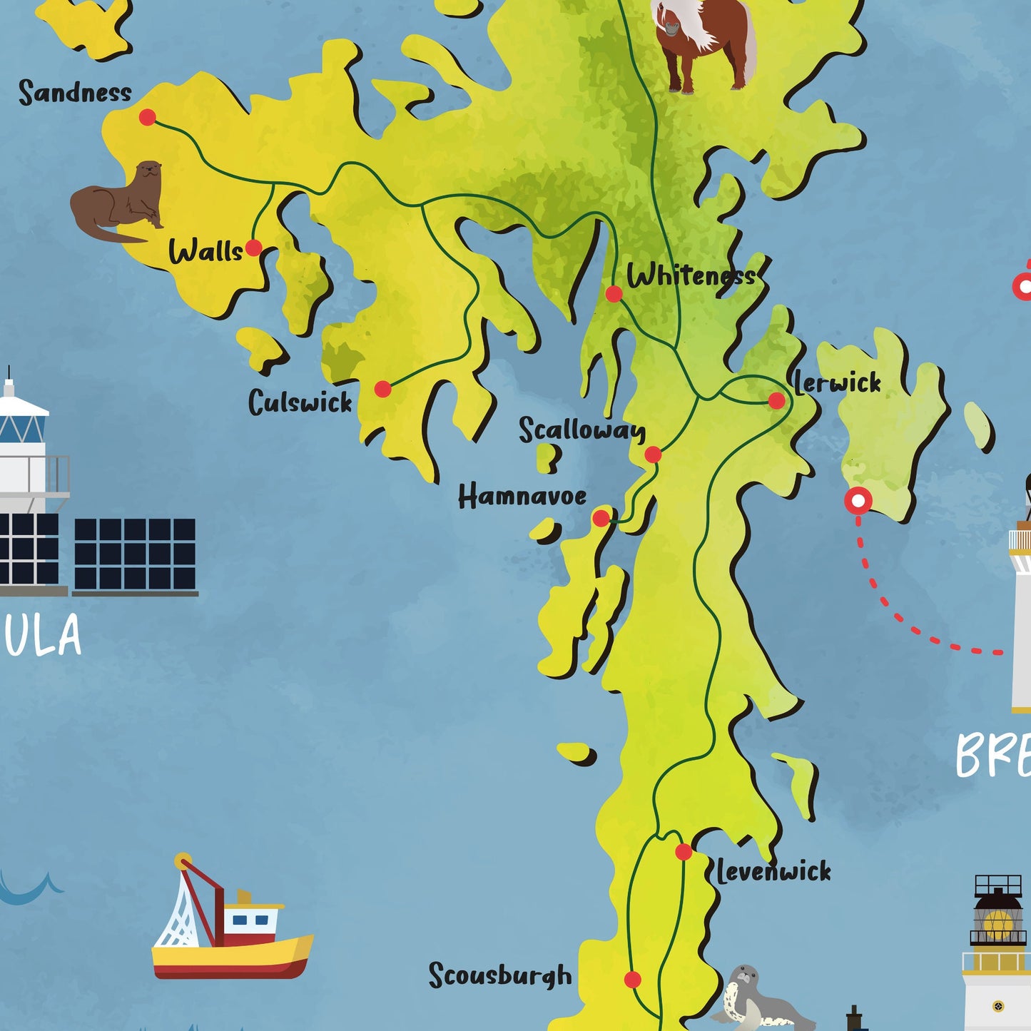 Shetland Isles Map | Pictorial Lighthouse Poster | The Shetlands | Scottish Highlands | Lerwick | Scalloway | Sandness | Voe | Yell
