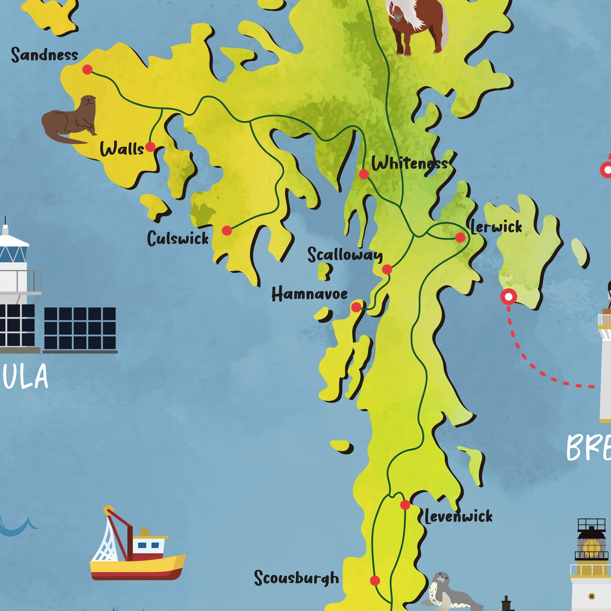 Shetland Isles Map | Pictorial Lighthouse Poster | The Shetlands | Scottish Highlands | Lerwick | Scalloway | Sandness | Voe | Yell