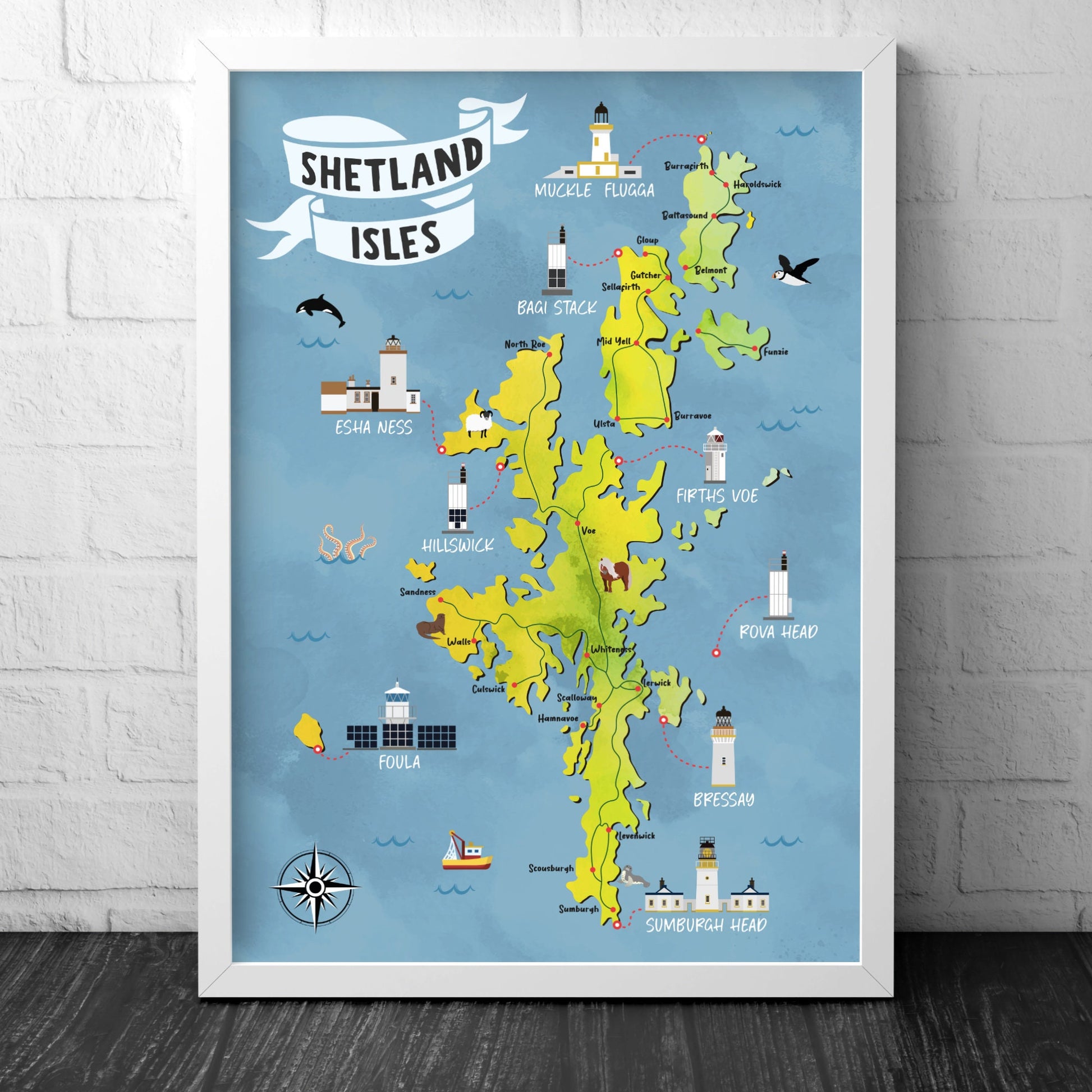 Shetland Isles Map | Pictorial Lighthouse Poster | The Shetlands | Scottish Highlands | Lerwick | Scalloway | Sandness | Voe | Yell