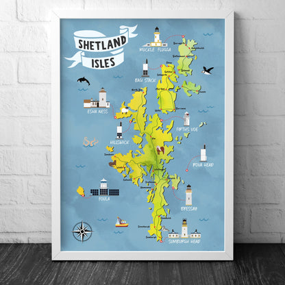 Shetland Isles Map | Pictorial Lighthouse Poster | The Shetlands | Scottish Highlands | Lerwick | Scalloway | Sandness | Voe | Yell