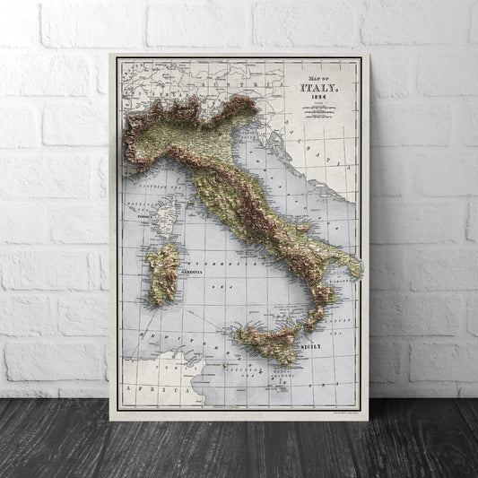 Italy Map - 1894 Vintage Italy Shaded Relief Map - Lombardy - Emilia - Rome - Corsica - Tuscany - Latium - Campania - Sardinia