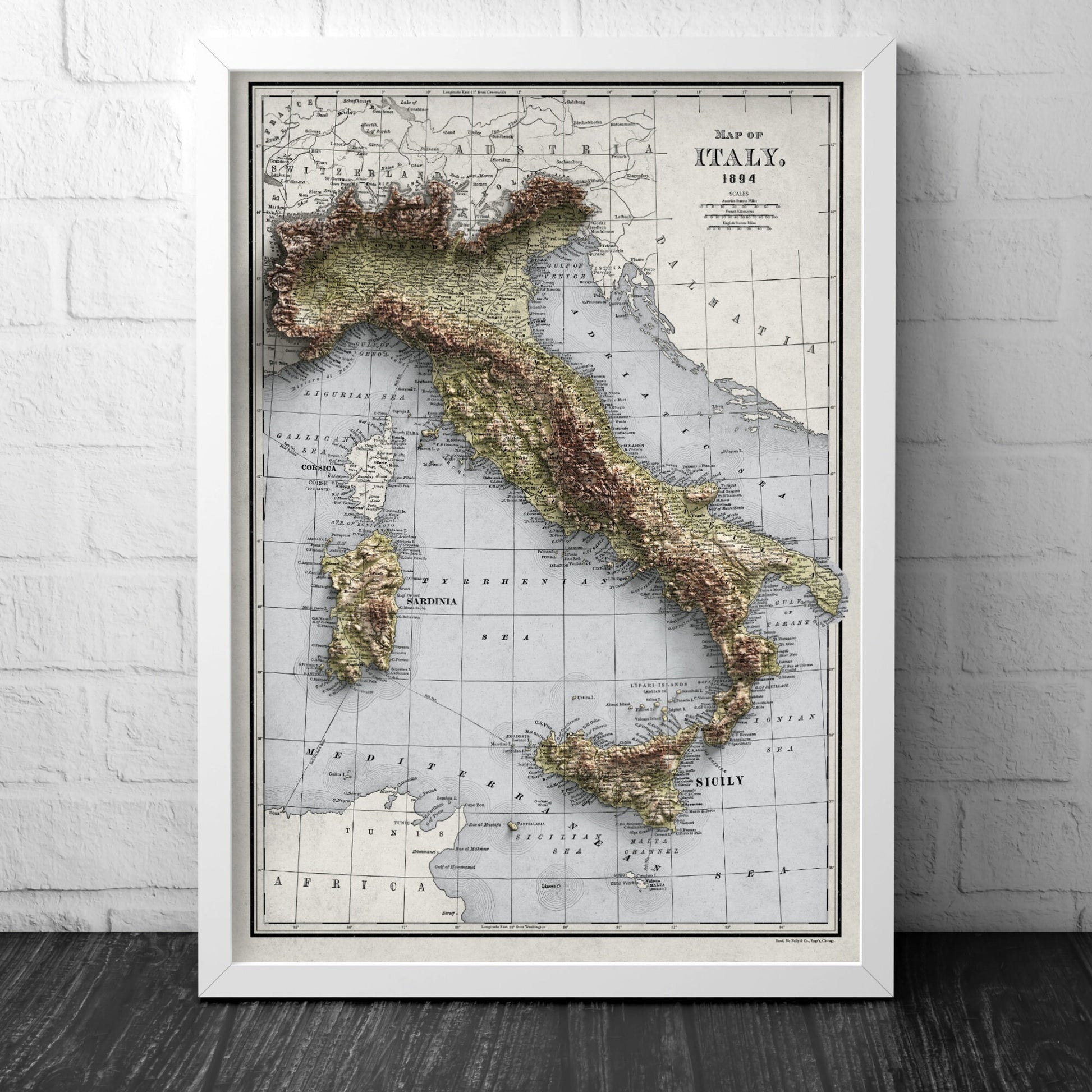 Italy Map - 1894 Vintage Italy Shaded Relief Map - Lombardy - Emilia - Rome - Corsica - Tuscany - Latium - Campania - Sardinia