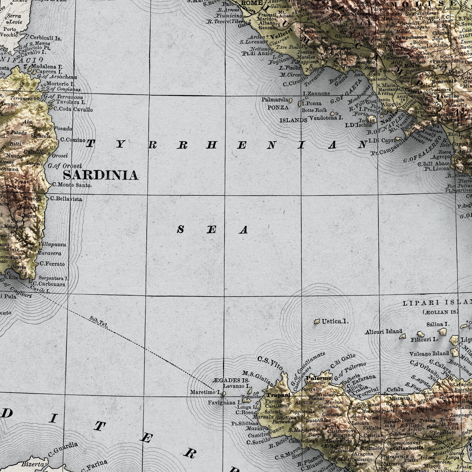 Italy Map - 1894 Vintage Italy Shaded Relief Map - Lombardy - Emilia - Rome - Corsica - Tuscany - Latium - Campania - Sardinia