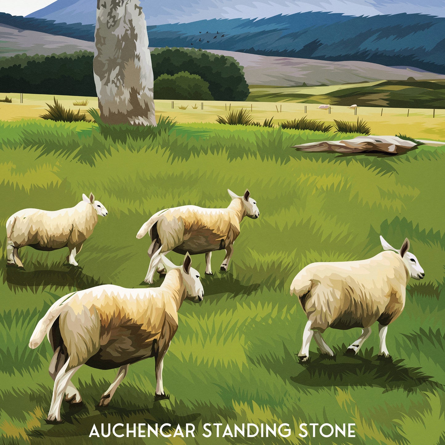 Isle of Arran Travel Poster with Auchencar Druid Standing Stone - Available in A3, A2, A1 Sizes