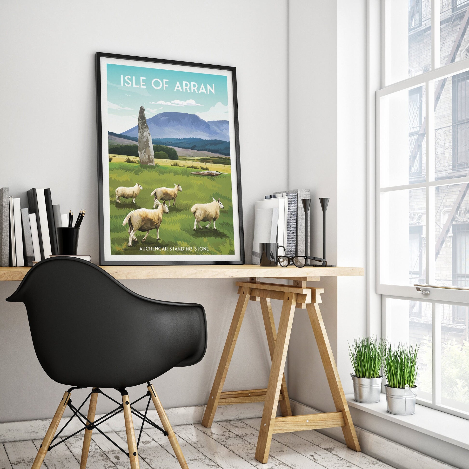 Isle of Arran Travel Poster with Auchencar Druid Standing Stone - Available in A3, A2, A1 Sizes