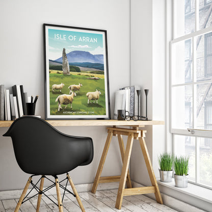 Isle of Arran Travel Poster with Auchencar Druid Standing Stone - Available in A3, A2, A1 Sizes