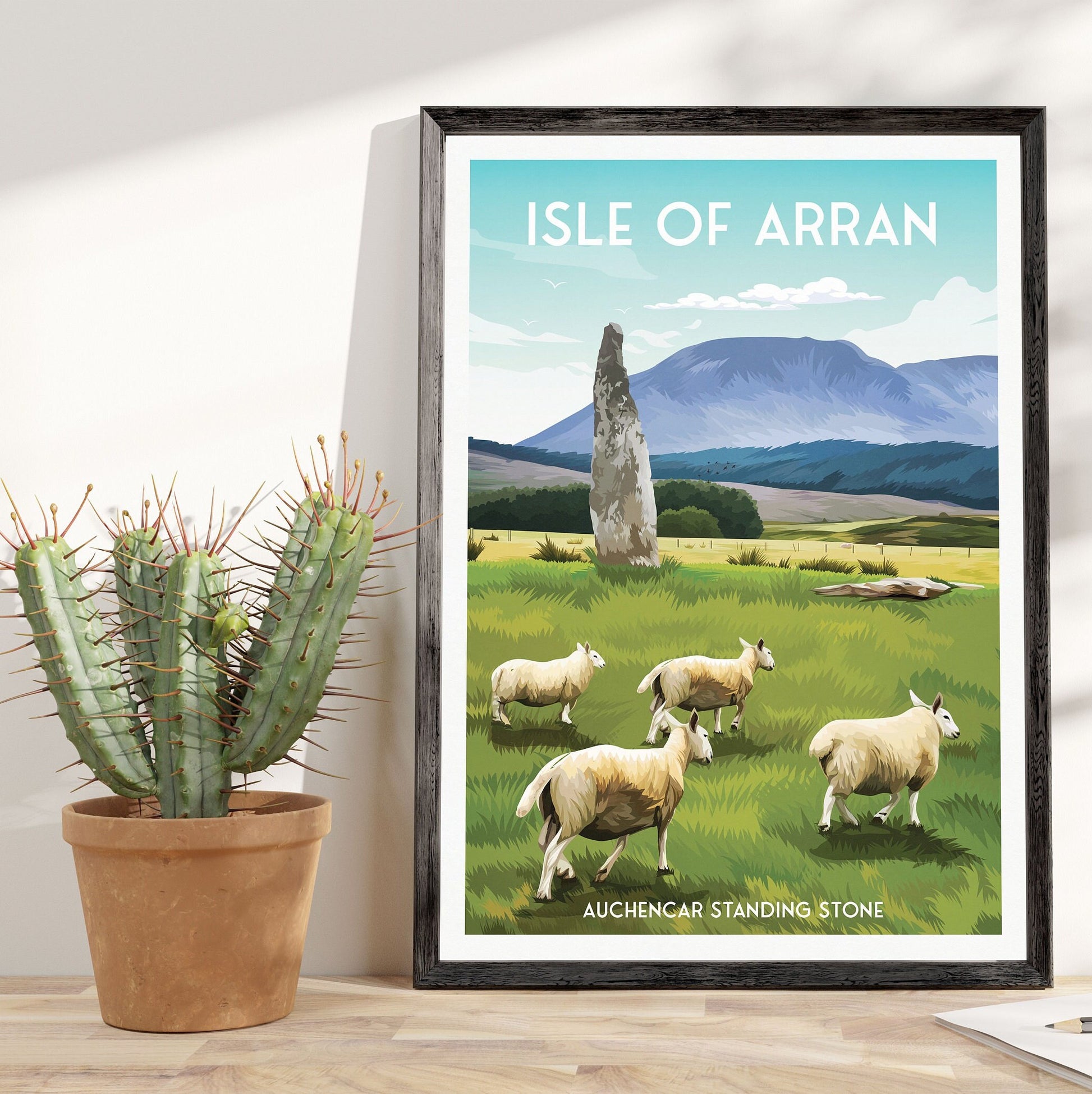 Isle of Arran Travel Poster with Auchencar Druid Standing Stone - Available in A3, A2, A1 Sizes