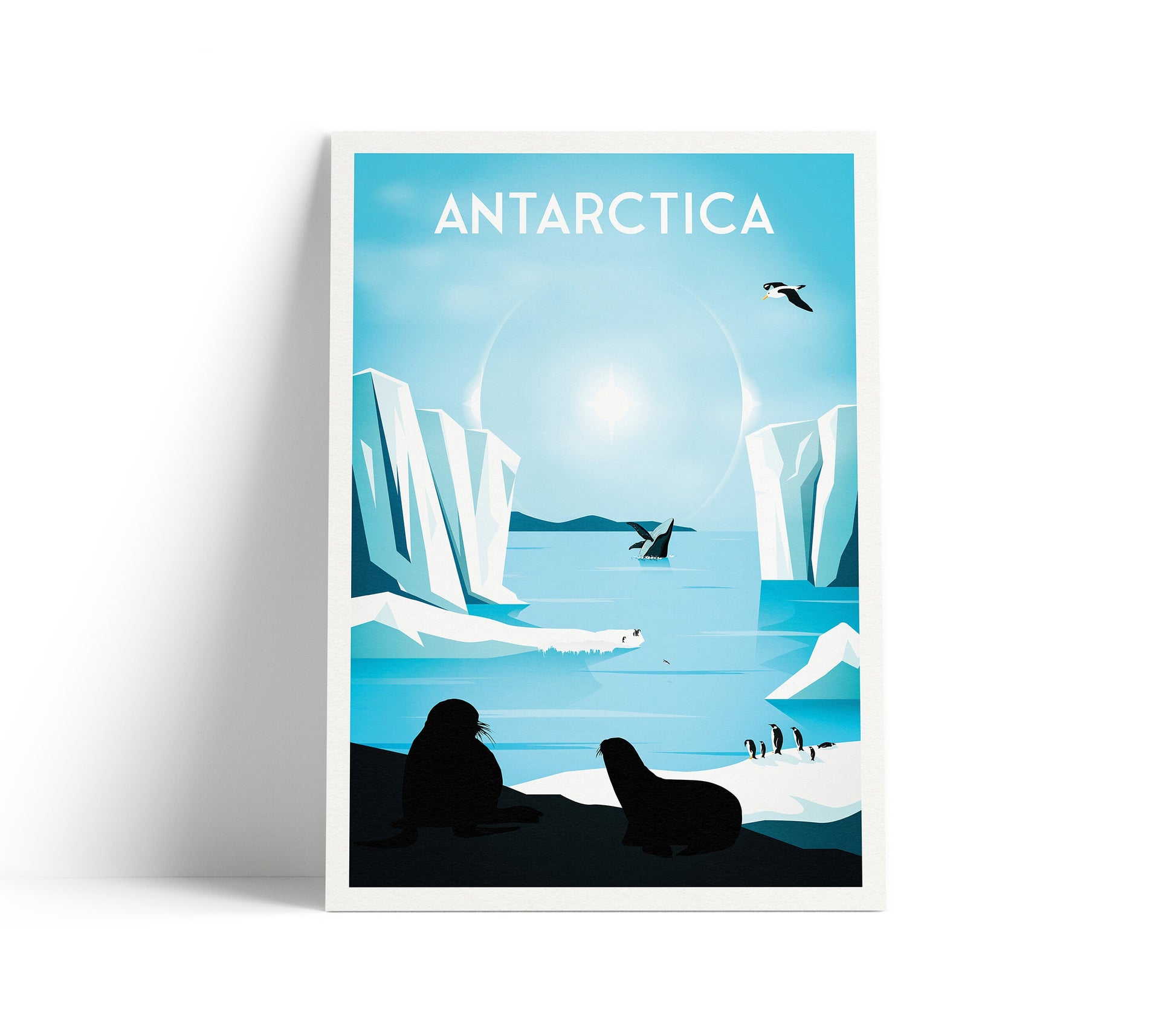 Antarctica Travel Poster, Antarctica travel print , Antartica Wall art , Sun dog, seals, Antarctica Travel gift , Penguin Art, ice wall
