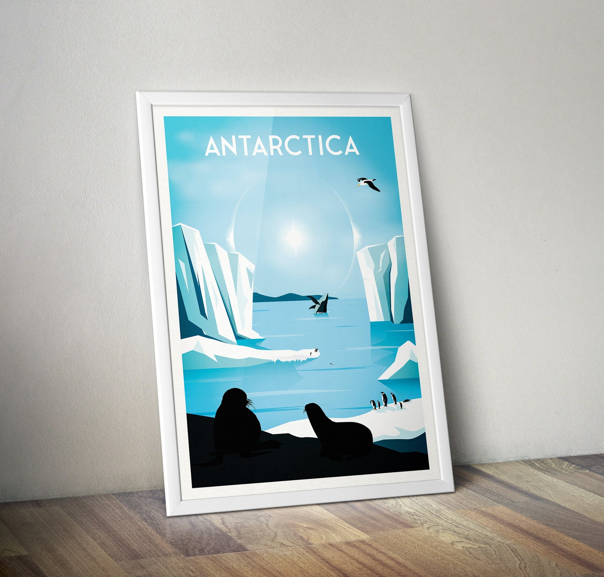Antarctica Travel Poster, Antarctica travel print , Antartica Wall art , Sun dog, seals, Antarctica Travel gift , Penguin Art, ice wall