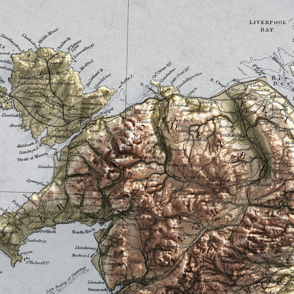 Wales Map - Vintage Cymru Elevation Map - 1872 - 2D Welsh Poster - 3D effect shaded relief Print