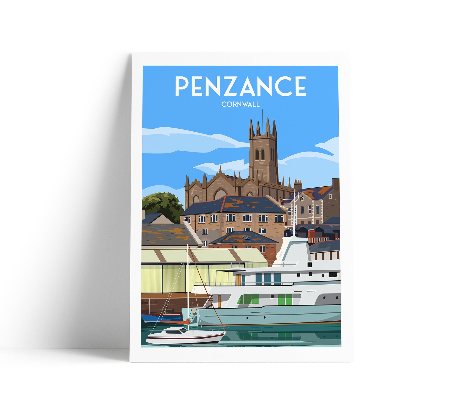Penzance Travel Poster | St Mary's Church | Yachts | Cornwall | England | Wall Art | Home Decor Artwork | Wedding gift
