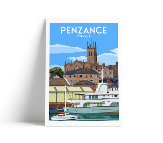 Penzance Travel Poster | St Mary's Church | Yachts | Cornwall | England | Wall Art | Home Decor Artwork | Wedding gift
