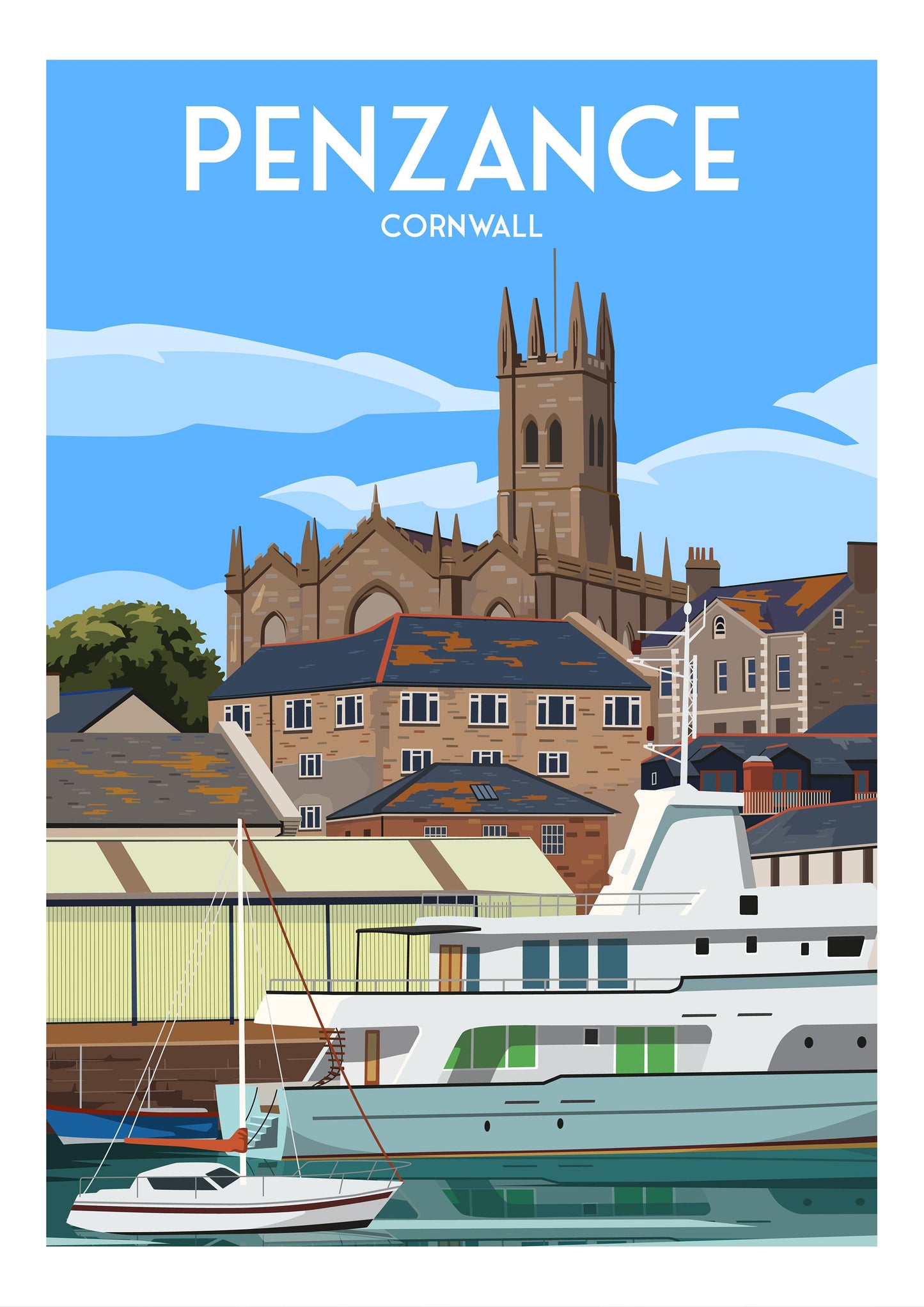 Penzance Travel Poster | St Mary's Church | Yachts | Cornwall | England | Wall Art | Home Decor Artwork | Wedding gift