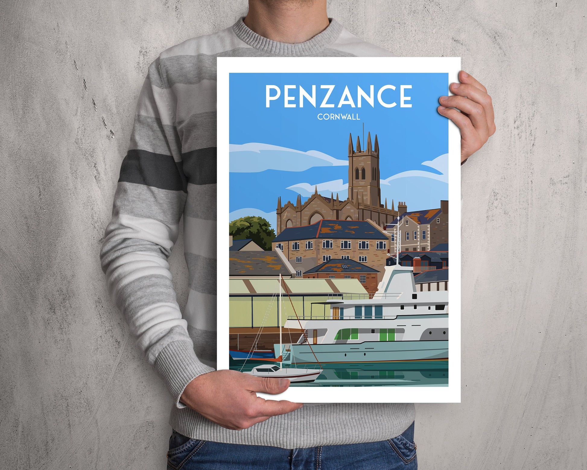 Penzance Travel Poster | St Mary's Church | Yachts | Cornwall | England | Wall Art | Home Decor Artwork | Wedding gift