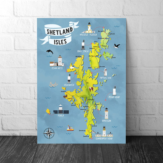Shetland Isles Map | Pictorial Lighthouse Poster | The Shetlands | Scottish Highlands | Lerwick | Scalloway | Sandness | Voe | Yell