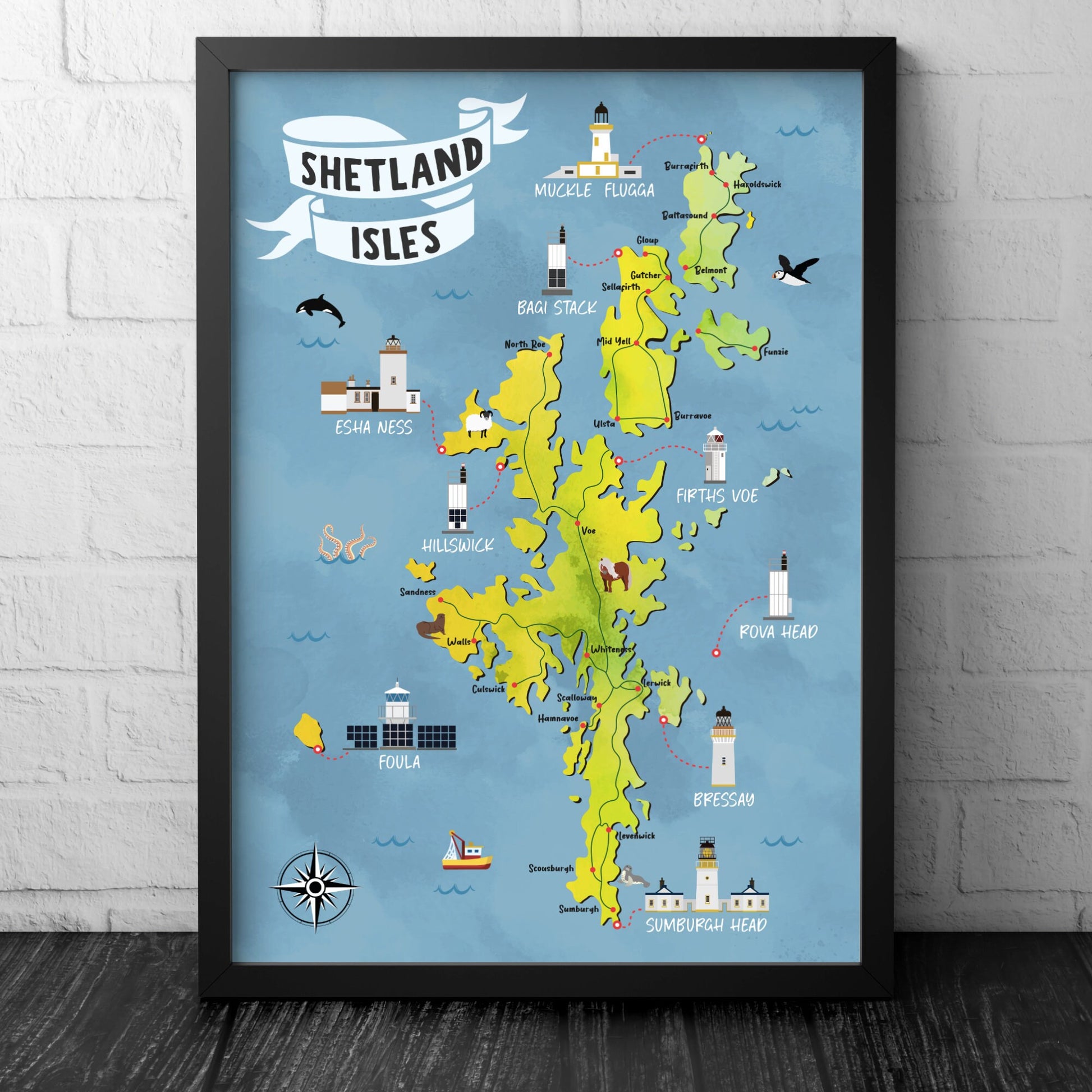 Shetland Isles Map | Pictorial Lighthouse Poster | The Shetlands | Scottish Highlands | Lerwick | Scalloway | Sandness | Voe | Yell