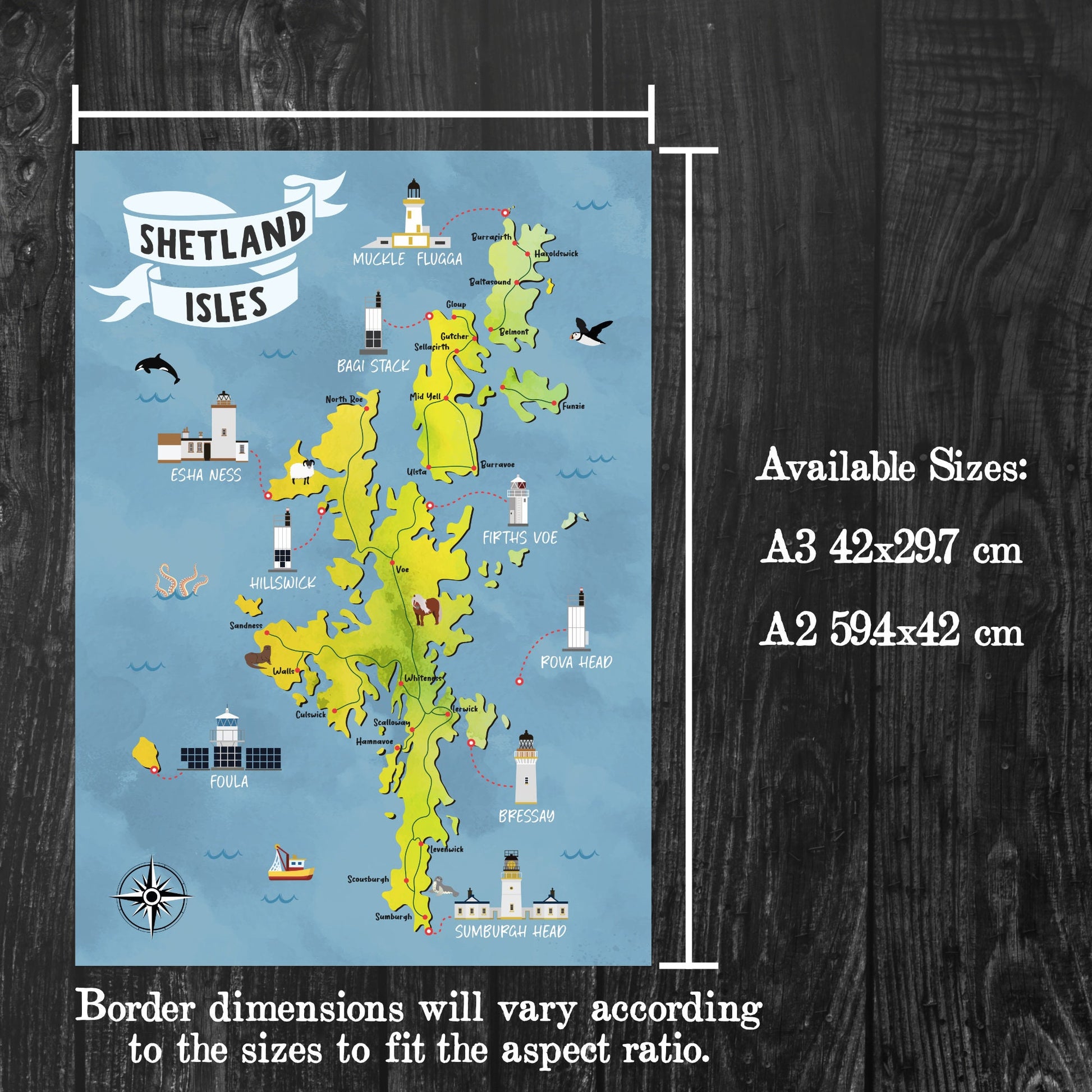 Shetland Isles Map | Pictorial Lighthouse Poster | The Shetlands | Scottish Highlands | Lerwick | Scalloway | Sandness | Voe | Yell