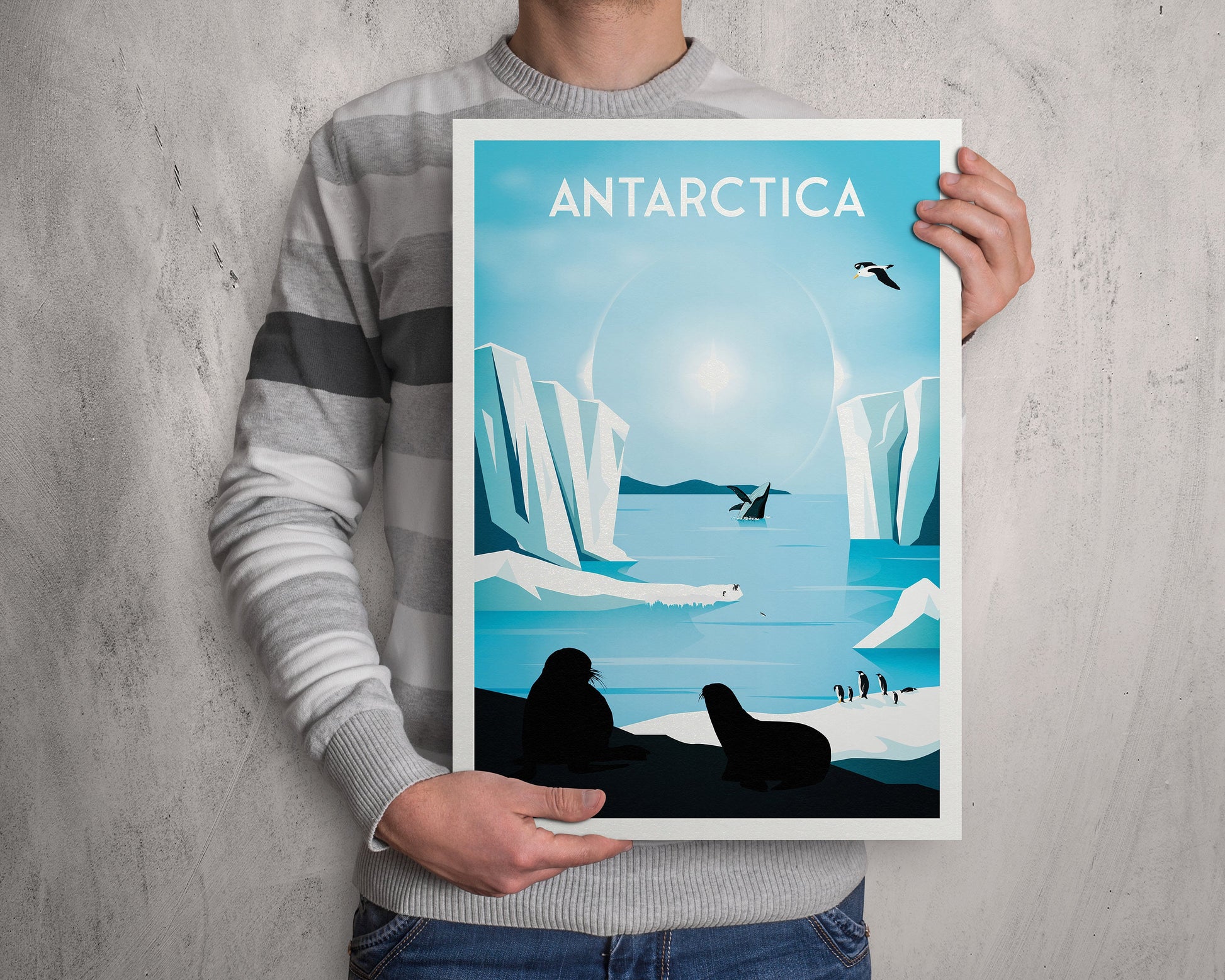 Antarctica Travel Poster, Antarctica travel print , Antartica Wall art , Sun dog, seals, Antarctica Travel gift , Penguin Art, ice wall