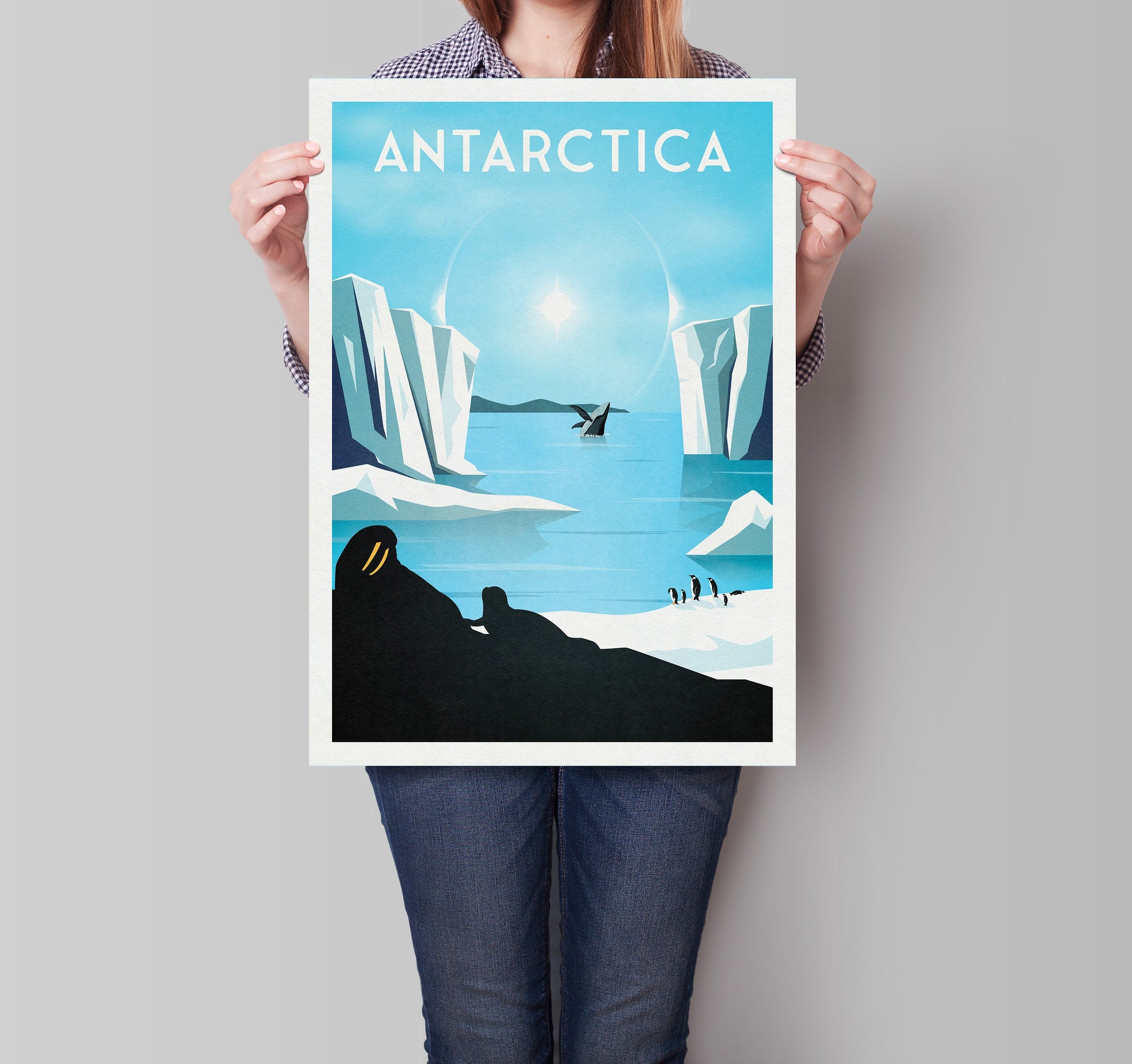 Antarctica Travel Poster, Antarctica travel print , Antartica Wall art , Sun dog, seals, Antarctica Travel gift , Penguin Art, ice wall