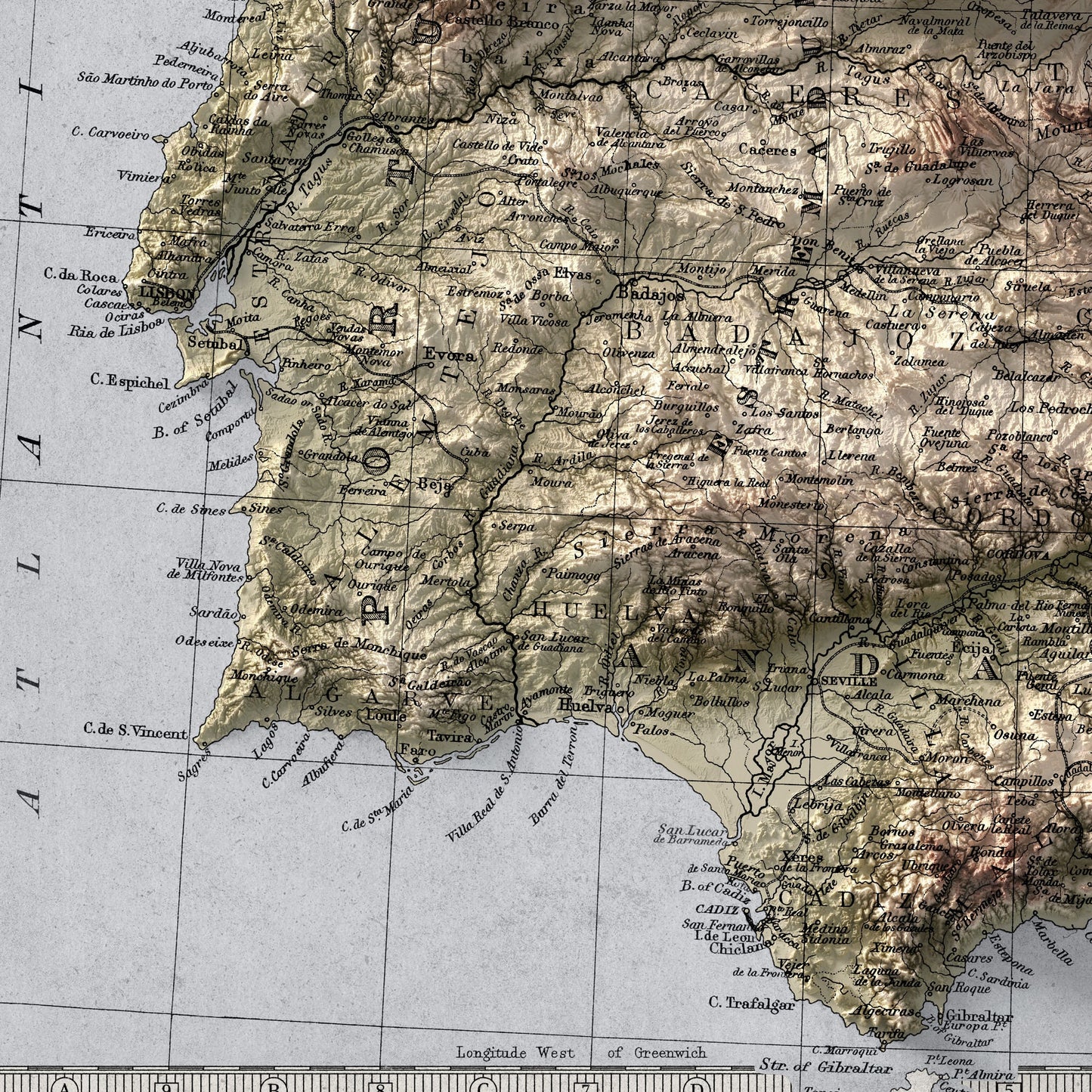 Spain and Portugal Map - Geology Elevation Map - 2D Vintage Poster - Balearic Islands - Ibiza