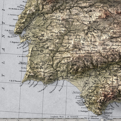 Spain and Portugal Map - Geology Elevation Map - 2D Vintage Poster - Balearic Islands - Ibiza