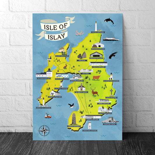 Isle of Islay Map | Pictorial Lighthouse Poster | Whisky Distilleries | Scottish Highlands | Castle | Monumants | Puffin | Seal | Deer