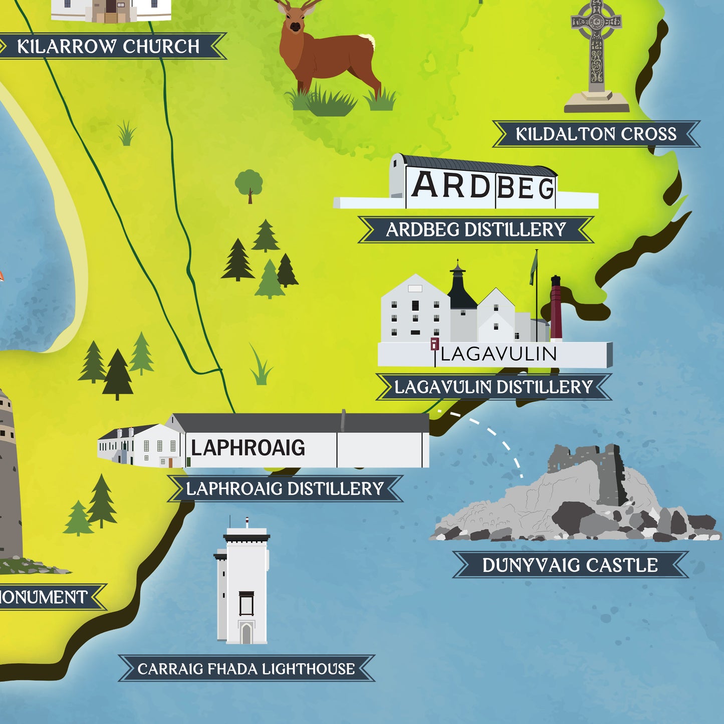 Isle of Islay Map | Pictorial Lighthouse Poster | Whisky Distilleries | Scottish Highlands | Castle | Monumants | Puffin | Seal | Deer