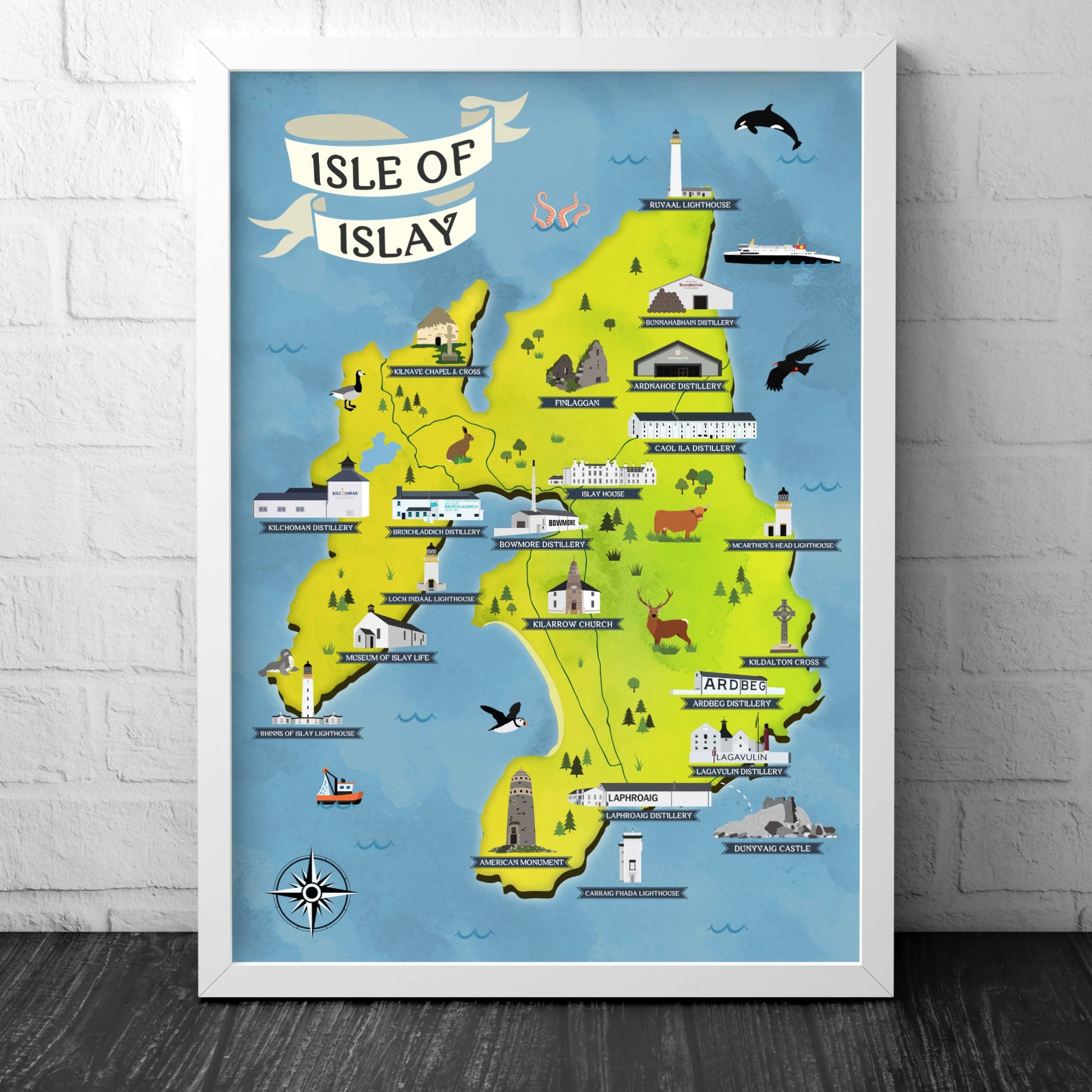 Isle of Islay Map | Pictorial Lighthouse Poster | Whisky Distilleries | Scottish Highlands | Castle | Monumants | Puffin | Seal | Deer