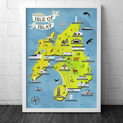 Isle of Islay Map | Pictorial Lighthouse Poster | Whisky Distilleries | Scottish Highlands | Castle | Monumants | Puffin | Seal | Deer