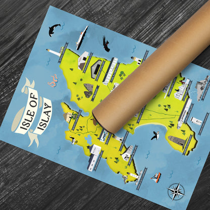 Isle of Islay Map | Pictorial Lighthouse Poster | Whisky Distilleries | Scottish Highlands | Castle | Monumants | Puffin | Seal | Deer