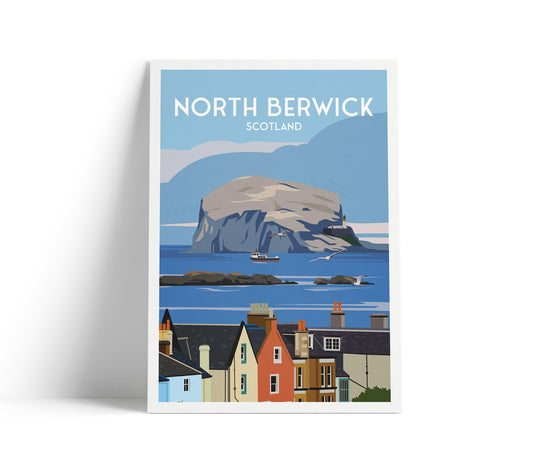 North Berwick Print - House Rooftops and Bass Rock View - East Lothian Travel Poster - Scotland Wall Art