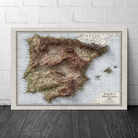 Spain and Portugal Map - Geology Elevation Map - 2D Vintage Poster - Balearic Islands - Ibiza