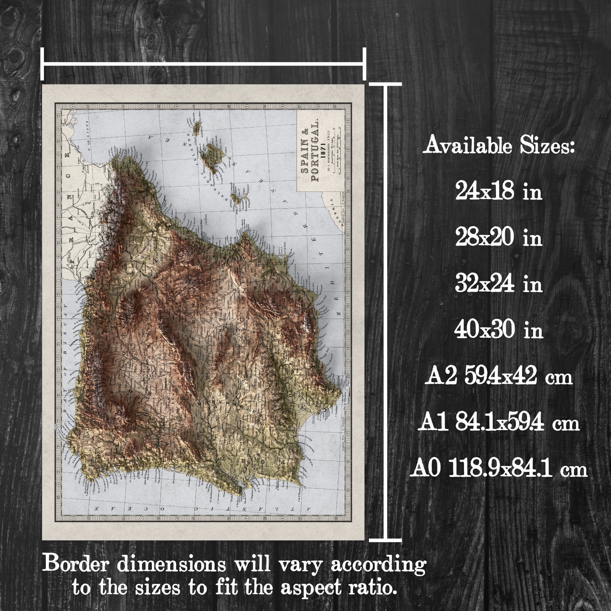 Spain and Portugal Map - Geology Elevation Map - 2D Vintage Poster - Balearic Islands - Ibiza