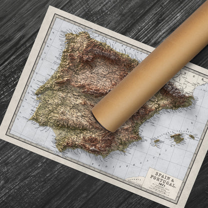 Spain and Portugal Map - Geology Elevation Map - 2D Vintage Poster - Balearic Islands - Ibiza