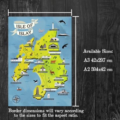 Isle of Islay Map | Pictorial Lighthouse Poster | Whisky Distilleries | Scottish Highlands | Castle | Monumants | Puffin | Seal | Deer