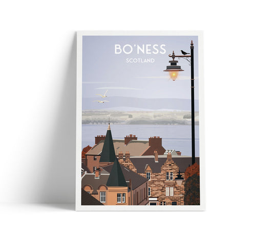 Bo'Ness Print, Scotland Travel Poster, Borrowstounness Illustration, Wall Decor, Firth of Forth, Lothian