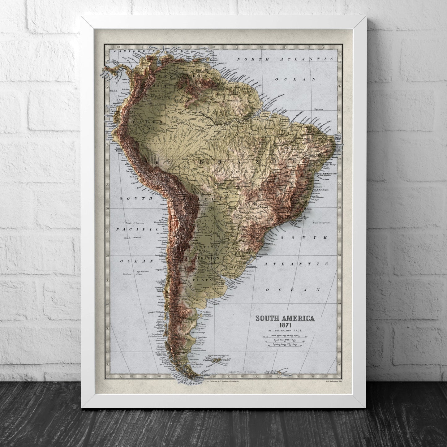 South America Map - Elevation Map - 2D Giclée Vintage Poster - Brazil