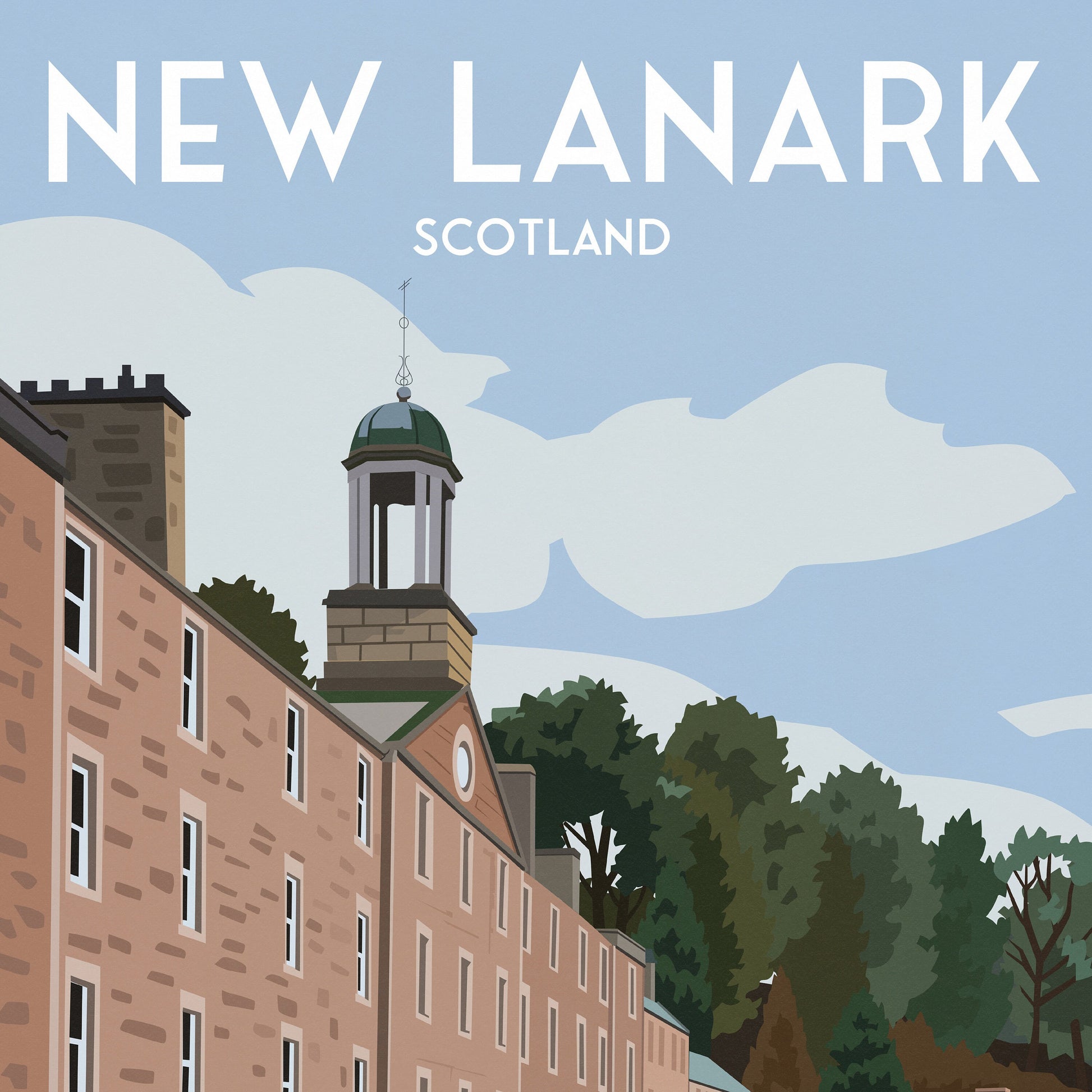 New Lanark Travel Poster - Iconic British Red Telephone Box