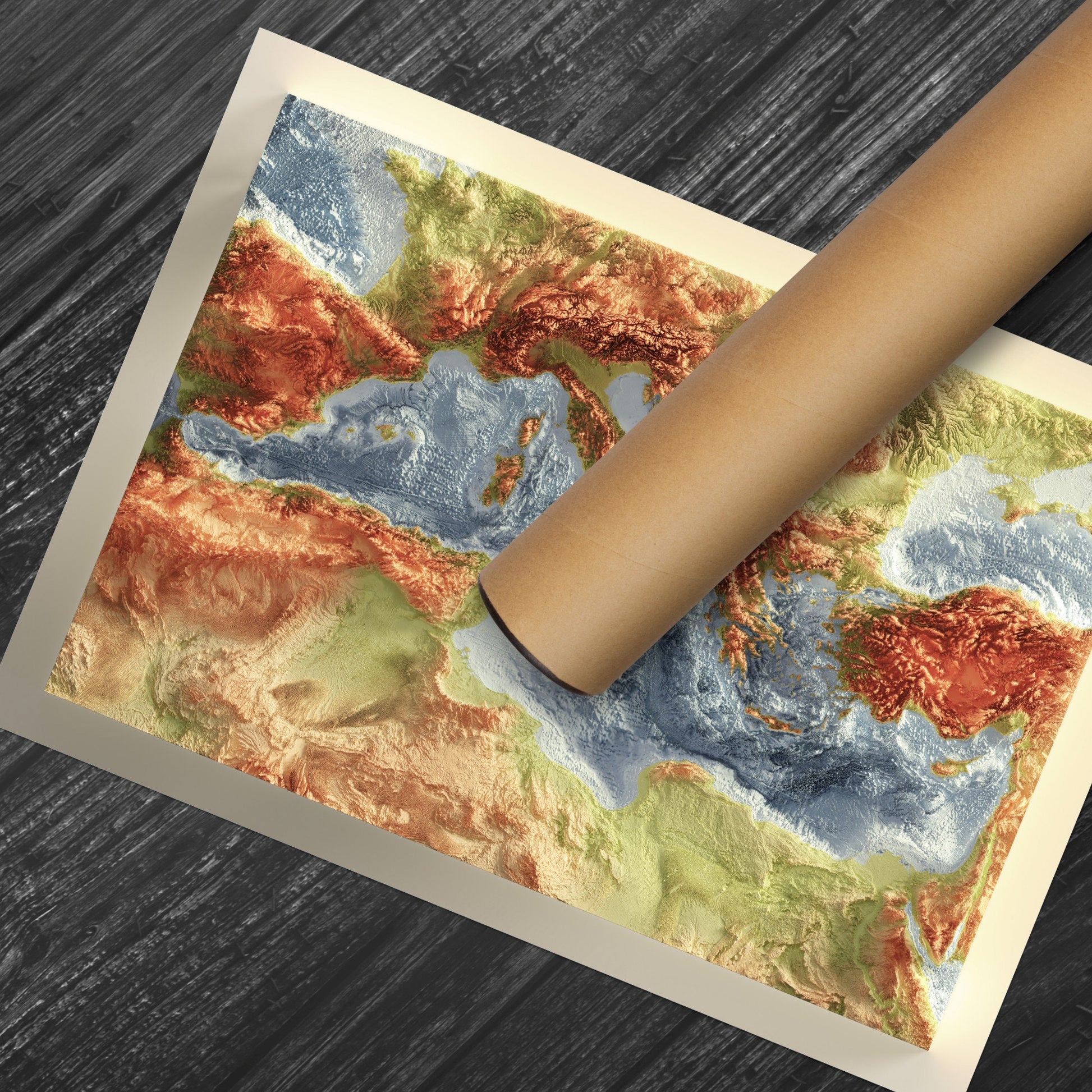 Mediterranean Bathymetry Print - Topographical Map -Europe - Italy - Greece - Turkey -Spain - France - Wall Art Poster