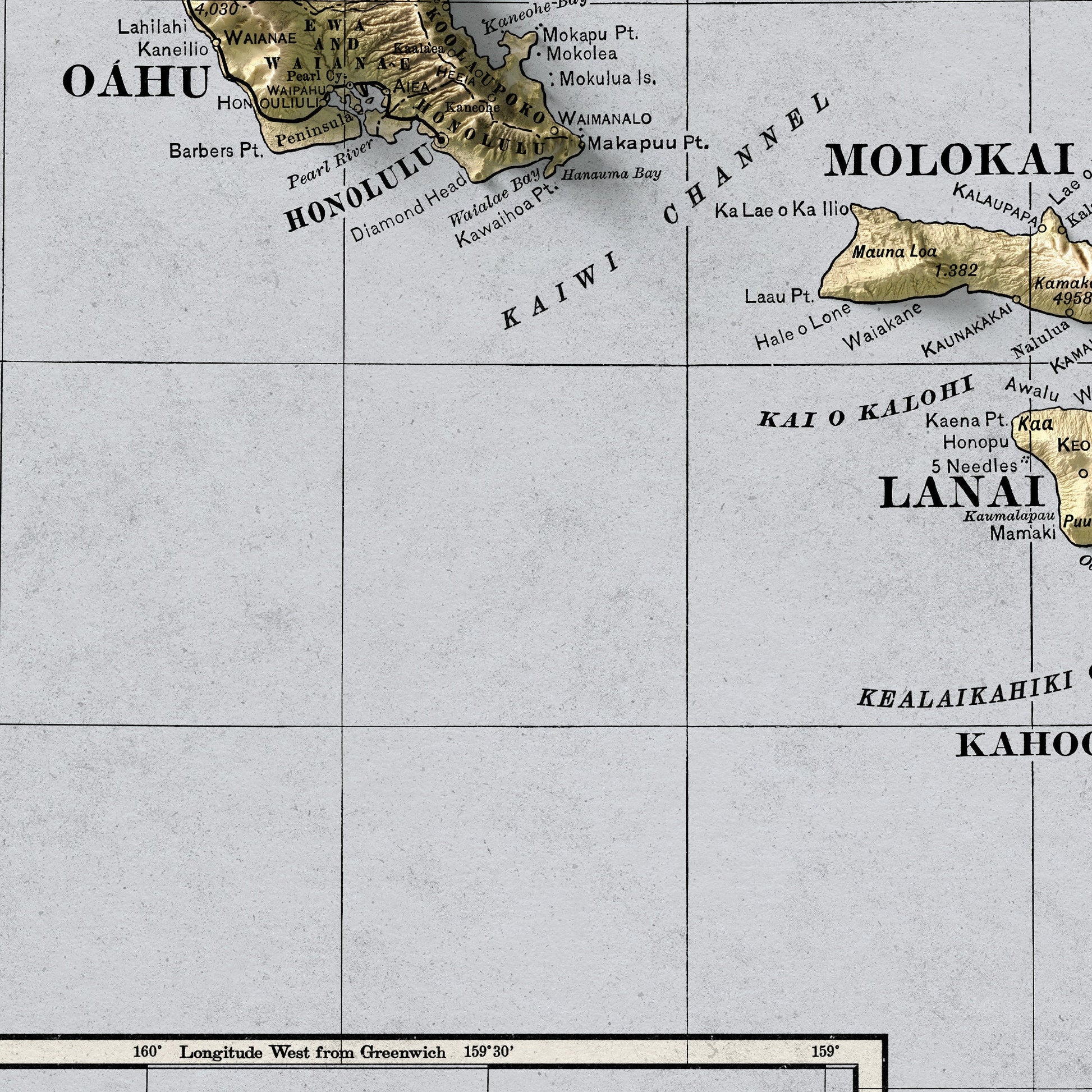 Hawaii Map - USA - 1901 retro print - 2d shaded map - Kauai - Maui - Molokai - Oahu - Kahoolawe - Lanai - Honolulu - Nihau - Kona - Kau