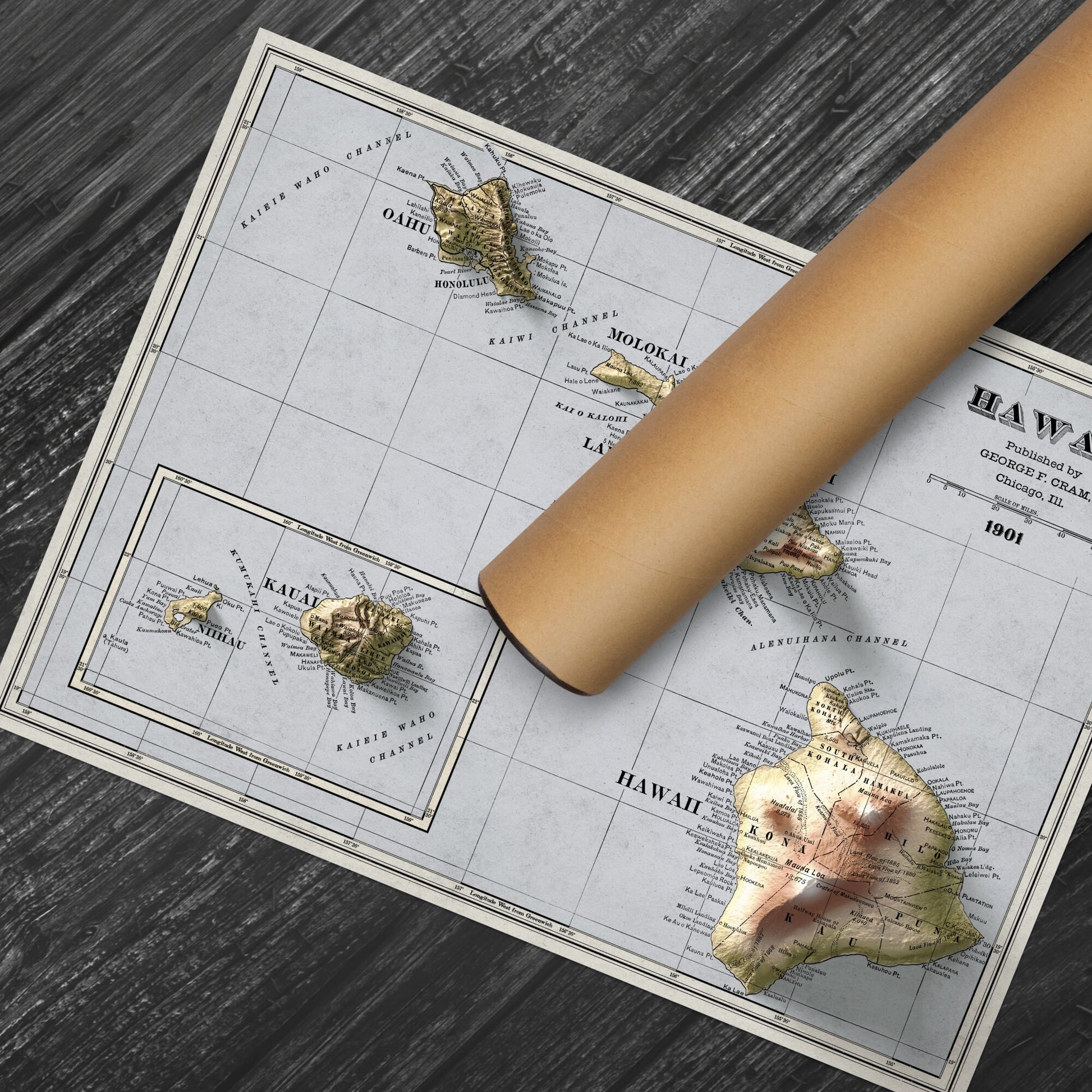 Hawaii Map - USA - 1901 retro print - 2d shaded map - Kauai - Maui - Molokai - Oahu - Kahoolawe - Lanai - Honolulu - Nihau - Kona - Kau