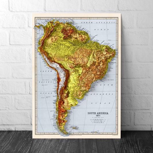 South America Map - Elevation Map - 2D Vintage Poster - Brazil