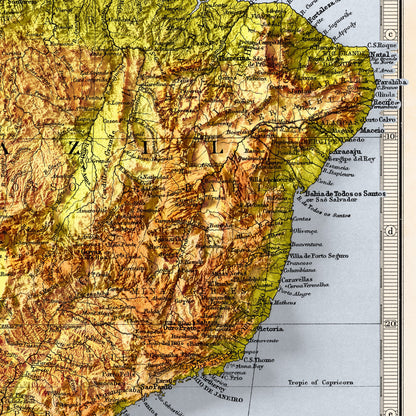 South America Map - Elevation Map - 2D Vintage Poster - Brazil