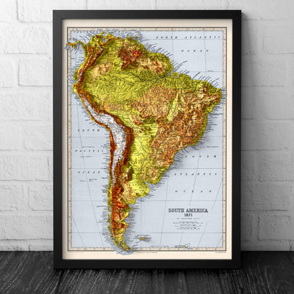 South America Map - Elevation Map - 2D Vintage Poster - Brazil