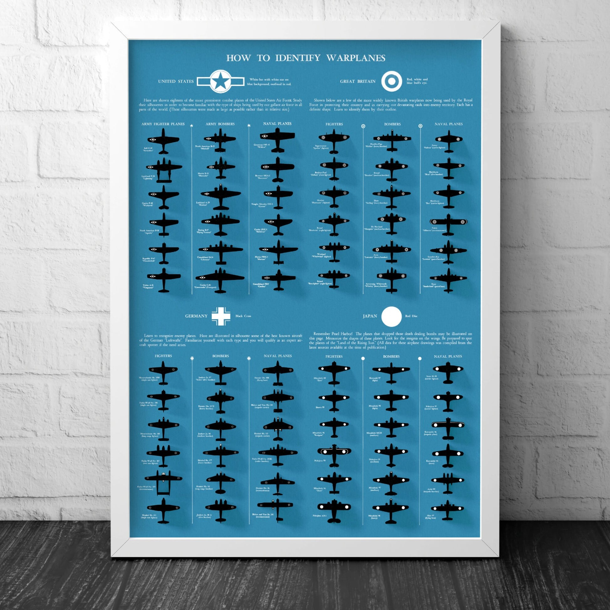How to Identify Warplanes Poster - Vintage reproduction - 1943 - Army Fighter Planes - Bombers - Great Britain - USA - Germany - Japan