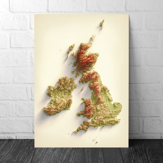 British Isles Art Relief Map - 2D Print - British Islands Geology - 2D Shaded Relief Map - England - Scotland - Wales- Northern Ireland